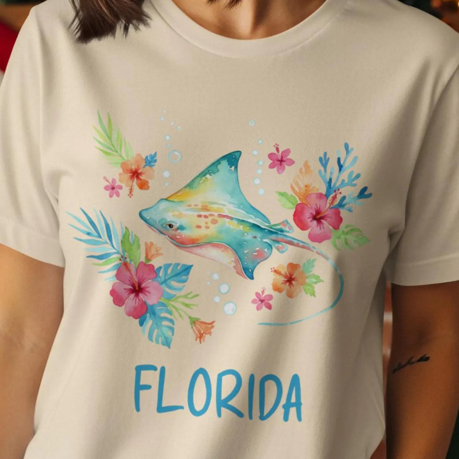 Florida Watercolor Stingray T Shirt, Tropical Hibiscus Flower Tee